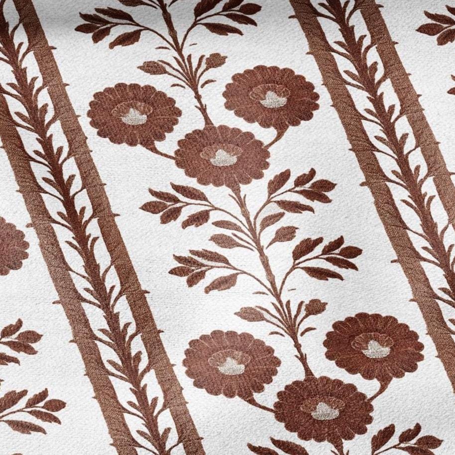 100% LINEN Fabric block print ChairoHana - Japanese brown stripe floral linen heavy for upholstery home decor - medium for dress making 2798