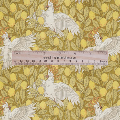 100% linen Vintage Cockatoos fabric for Curtain Upholstery Cushion - yellow white print fabric for dress making sewing