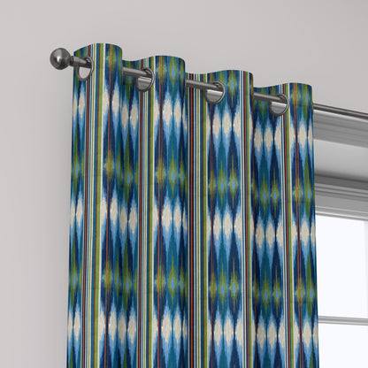 100% linen fabric green blue ikat stripe print - Vintage abstract modern geometric 3398