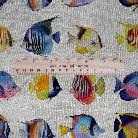100% LINEN fabric tropical fish print - Animal print linen Fabric - Linen fabric for dressmaking home textile sewing hobby 2701