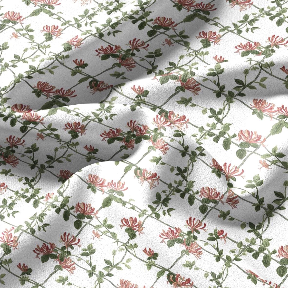 100% linen fabric honeysuckle trellis print - Vintage floral botanical modern Victorian  green pink white 3357