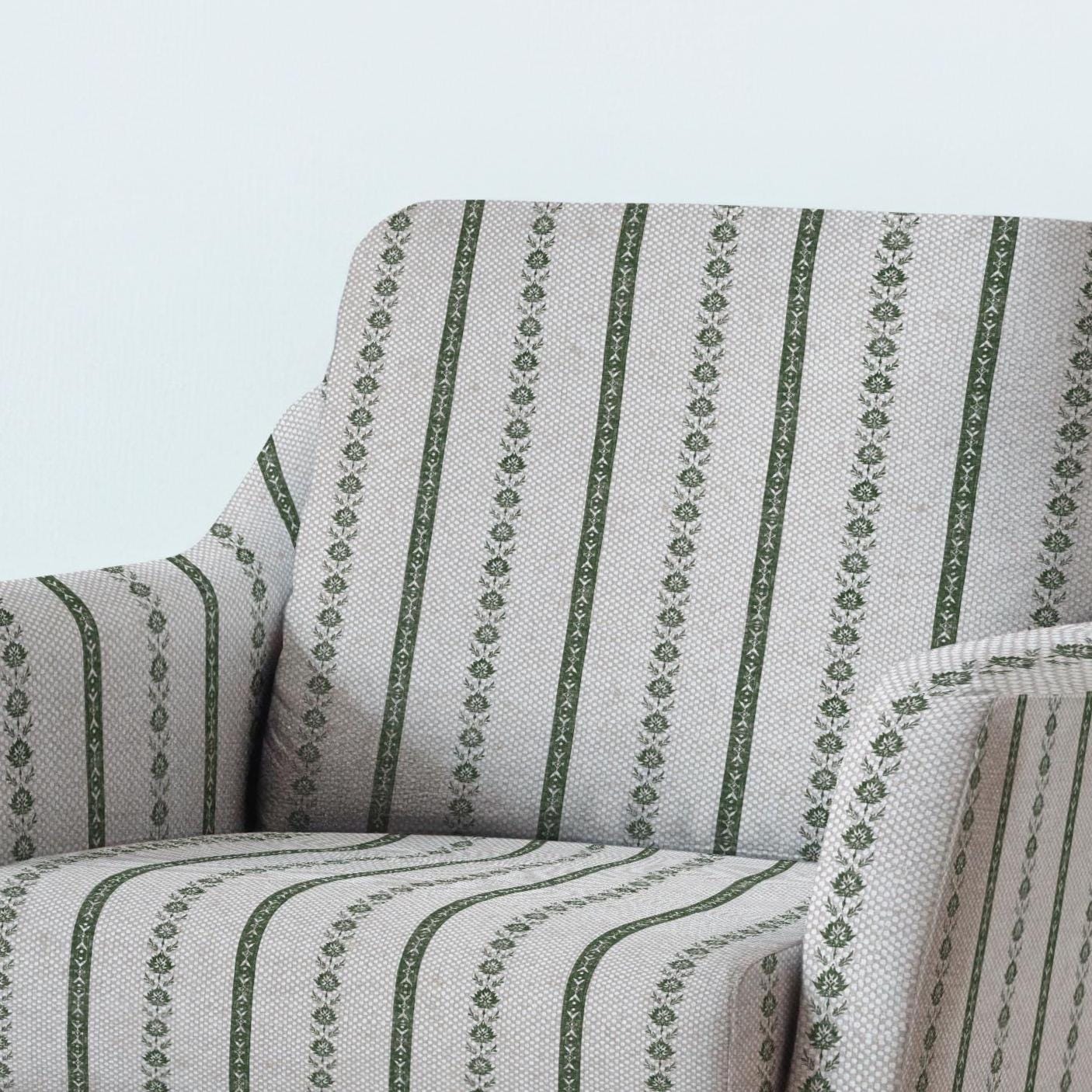 100% LINEN Fabric UPHOLSTERY 12oz - stripe block print - oatmeal linen fabric with green floral print  - Modern Vintage upholstery 2687