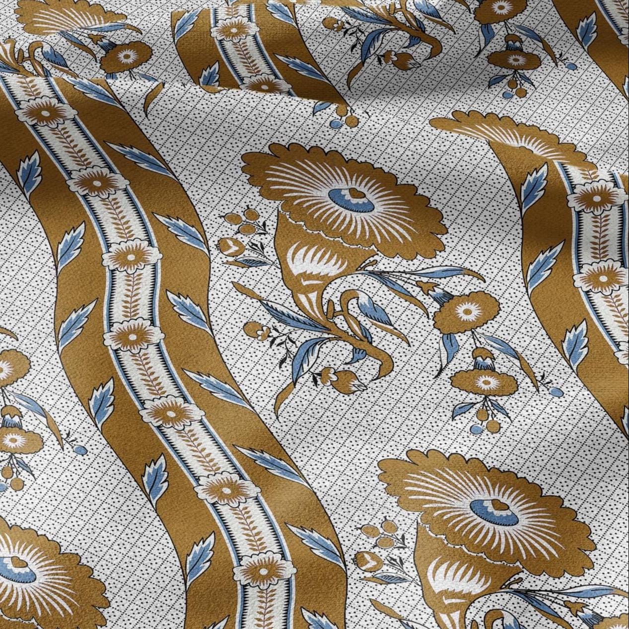 100% LINEN Fabric Vintage floral squirl stripe print - Modern botanical - Victorian Art Craft yellow yellow 3162