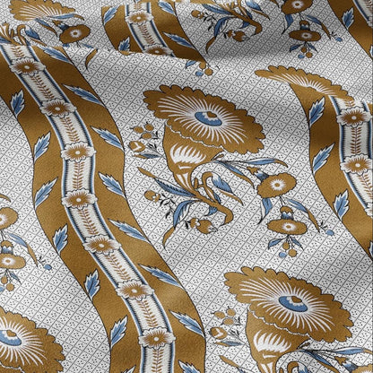 100% LINEN Fabric Vintage floral squirl stripe print - Modern botanical - Victorian Art Craft yellow yellow 3162