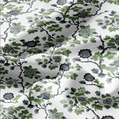 100% LINEN Fabric Leaves tree green print - Mid-century modern botanical stripe upholstery home textile artisan green white 2918