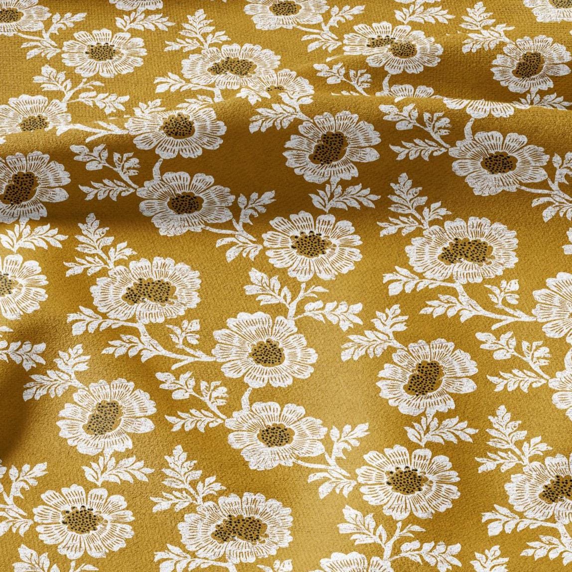 100% LINEN Fabric Shevanti flower - mustard yellow block print linen heavy for upholstery home decor - medium for dress making 2804