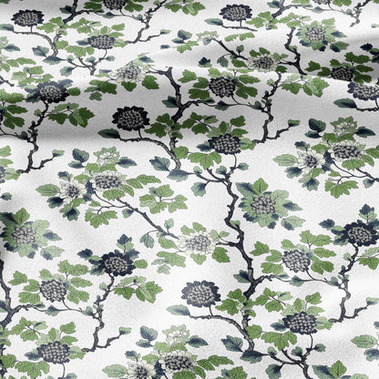 100% LINEN Fabric Leaves tree green print - Mid-century modern botanical stripe upholstery home textile artisan green white 2918