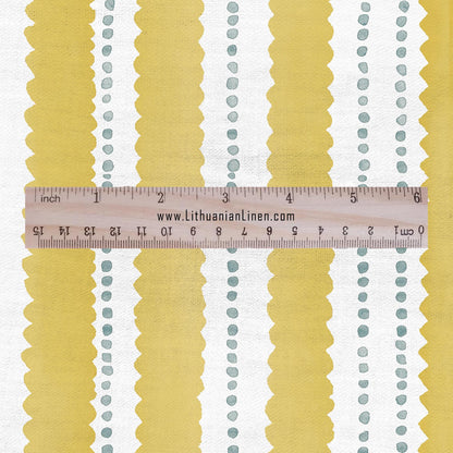 100% LINEN Fabric Scalloped stripe print - retro yellow dot stripe - for upholstery home decor - medium for dress making 2884Y