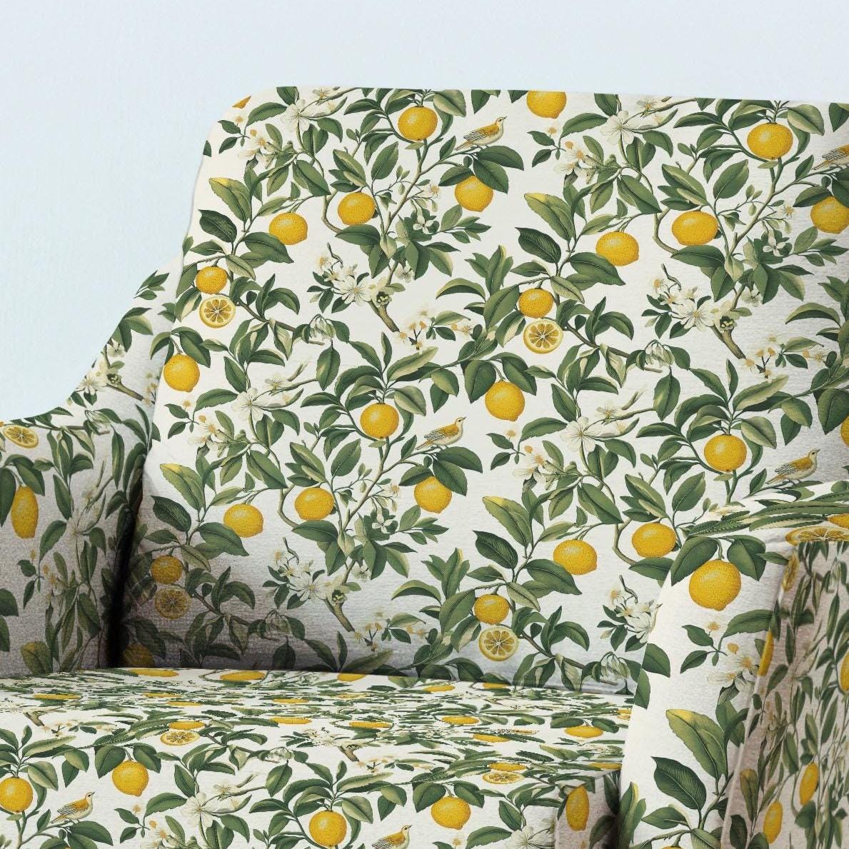 100% LINEN Fabric UPHOLSTERY 12oz - Italian lemon print on linen - Modern vintage floral green yellow pattern 2031