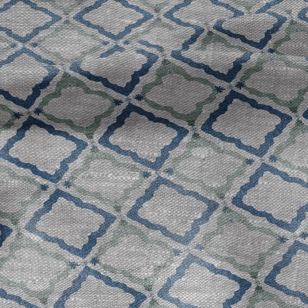 100% LINEN Fabric Green blue geometric print - oatmeal linen fabric floral botanical - heavy for home decor clothing 3087
