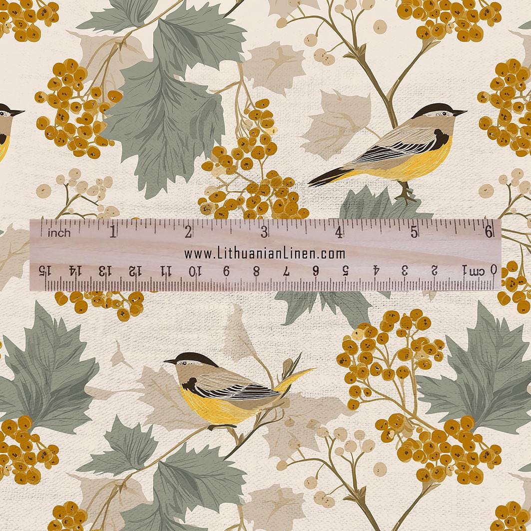 100% LINEN Fabric Autum yellow birds linen - floral fabric for upholstery home decor dress making 3010