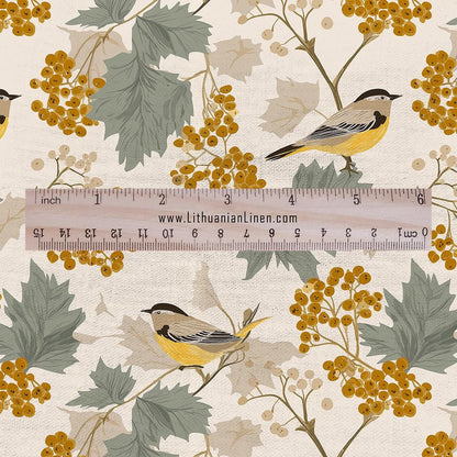 100% LINEN Fabric Autum yellow birds linen - floral fabric for upholstery home decor dress making 3010