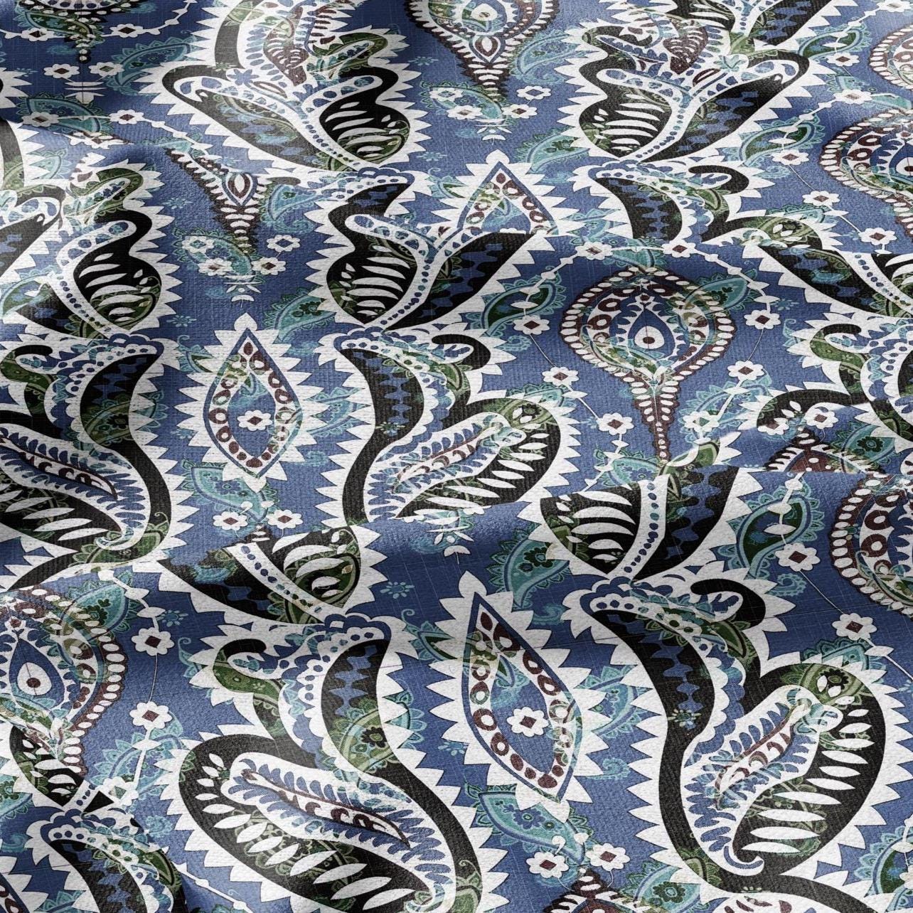 100% linen Vintage Blue Paisley Print fabric for Curtain Upholstery Cushion - Vintage Indian block print fabric for dress making sewing