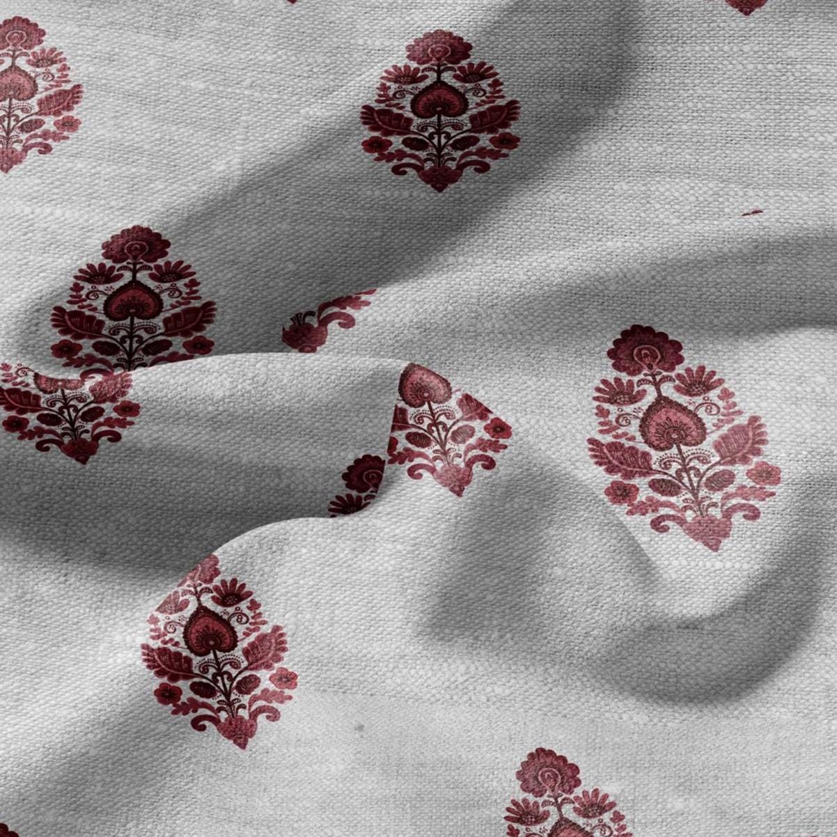100% LINEN Fabric Block Pandanus flower print red - oatmeal linen fabric with floral print - heavy for home decor clothing 3046