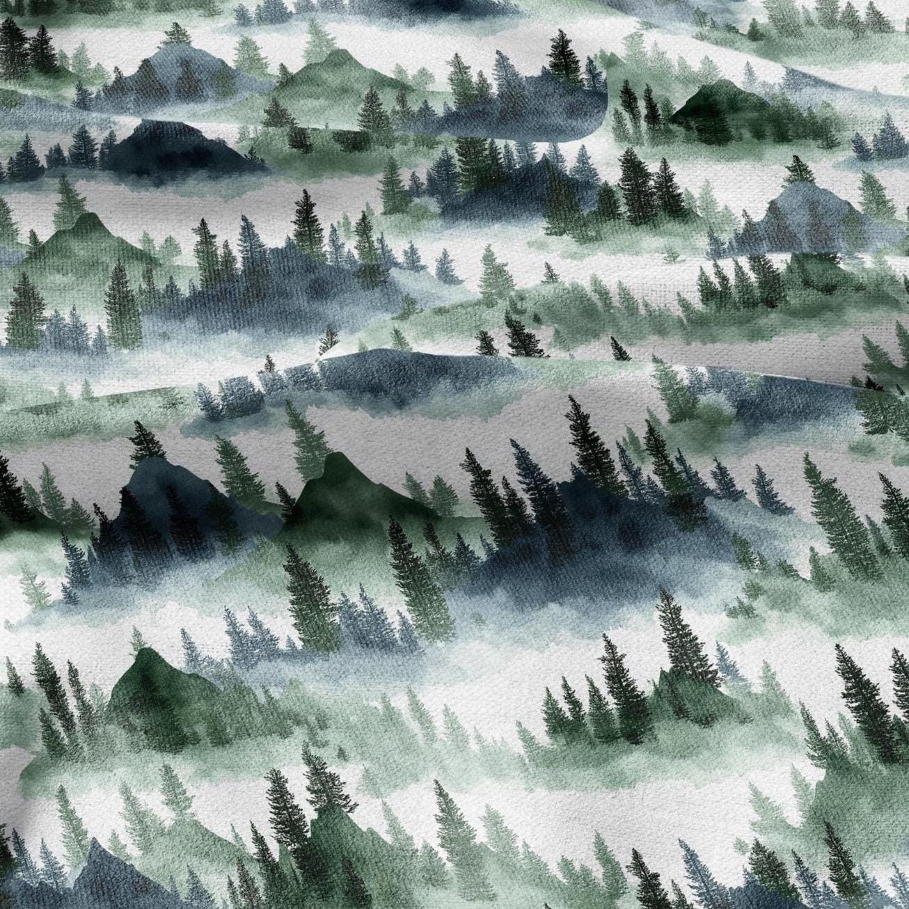 100% LINEN Fabric Forest scenery - landscape fabric with green fir print - heavy linen fabric for upholstery home decor 2807