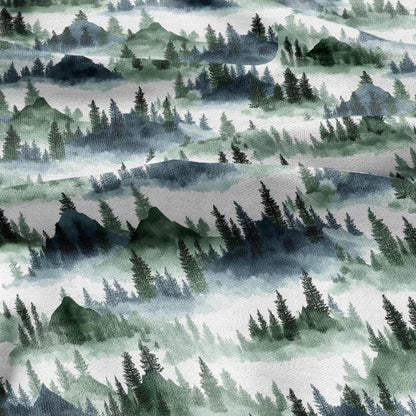100% LINEN Fabric Forest scenery - landscape fabric with green fir print - heavy linen fabric for upholstery home decor 2807