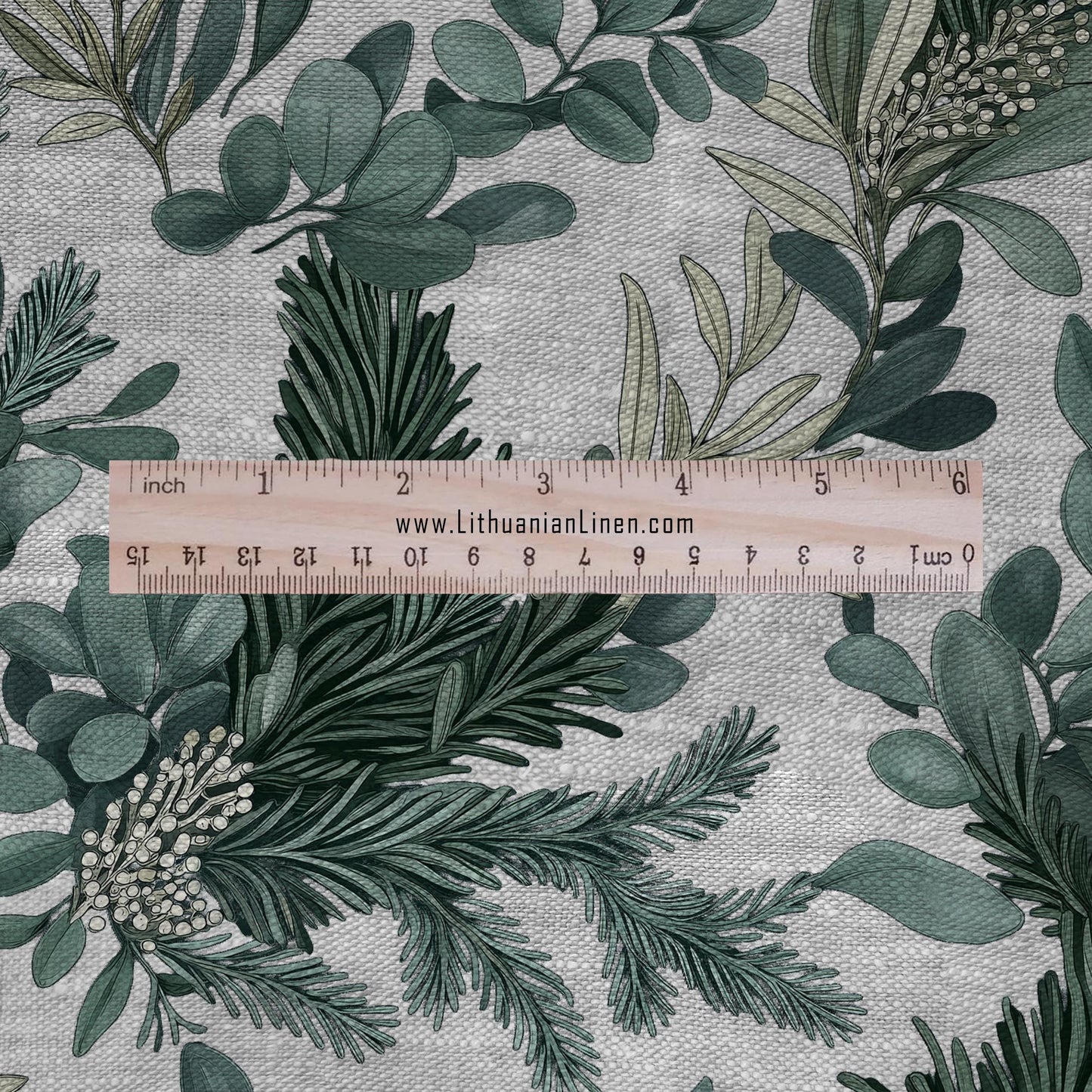 100% LINEN Fabric - christmas greenery print on oatmeal linen - floral fir eucalypthus upholstery heavy - medium weight dressmaking 2696