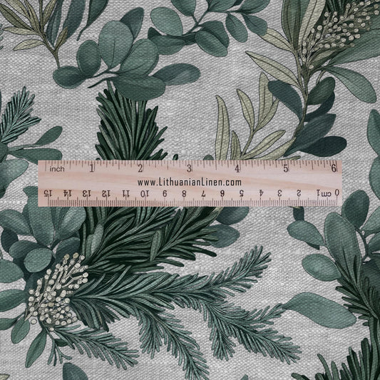 100% LINEN Fabric - christmas greenery print on oatmeal linen - floral fir eucalypthus upholstery heavy - medium weight dressmaking 2696