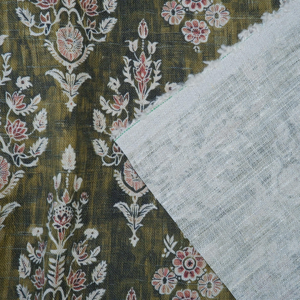 100% LINEN Fabric block print indian khaki green 3659 -  oatmeal linen fabric with green floral print decor