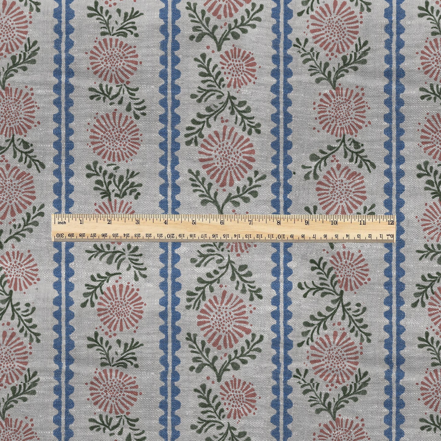 100% LINEN Fabric print Stripe floral pink green blue- oatmeal linen fabric with floral print - heavy for home decor clothing 3102