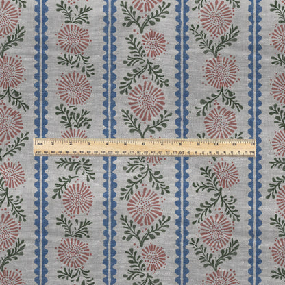 100% LINEN Fabric print Stripe floral pink green blue- oatmeal linen fabric with floral print - heavy for home decor clothing 3102