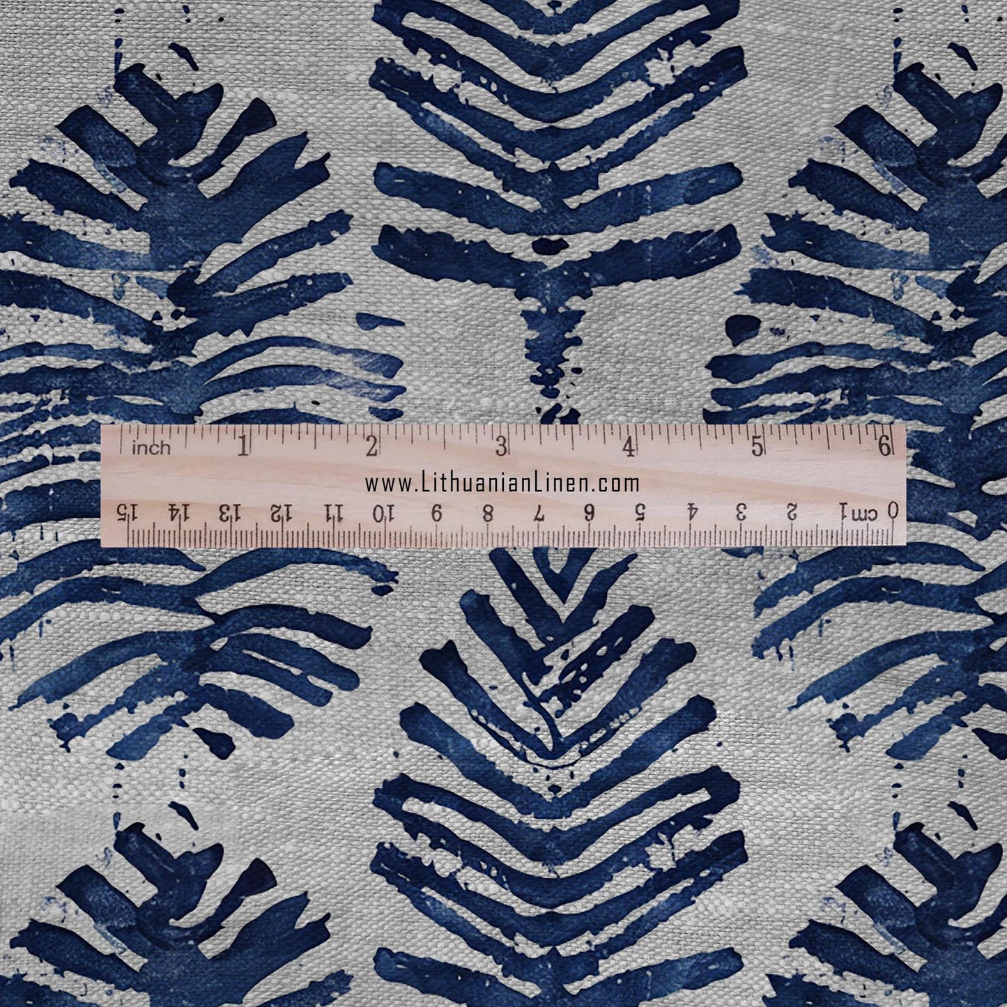 100% LINEN Fabric leaves print - Grandmillennial indigo blue - Modern vintage flower block print upholstery curtains dress making 2930
