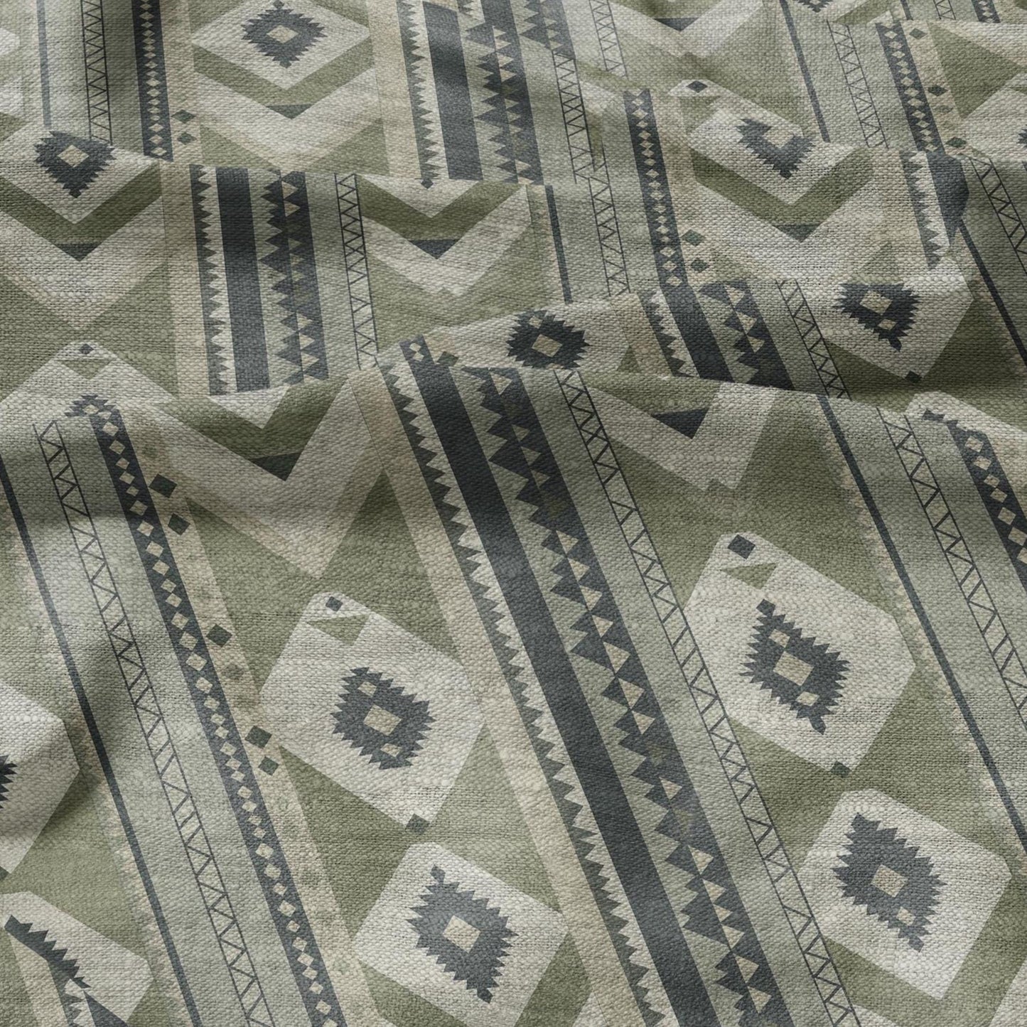 100% LINEN Fabric Western Abstract in pale green - tribal green print on linen print upholstery curtains dress making
