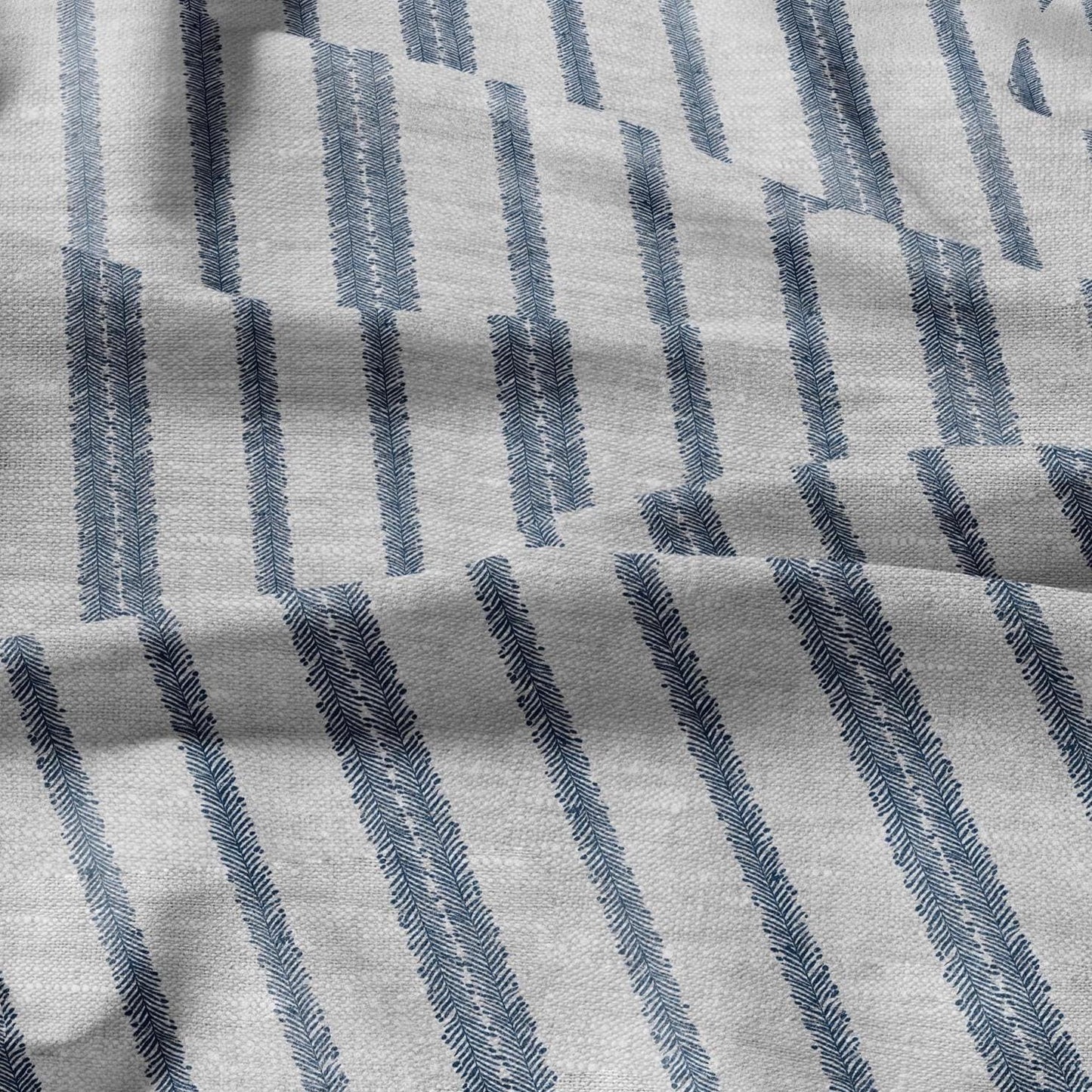 100% LINEN Fabric block print stripe floral blue green on grey - oatmeal linen fabric with botanical print for upholstery home decor 3089
