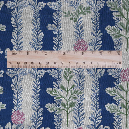100% LINEN Fabric blue floral blossom print - oatmeal linen fabric with stripe botanical print - modern vintage 3092