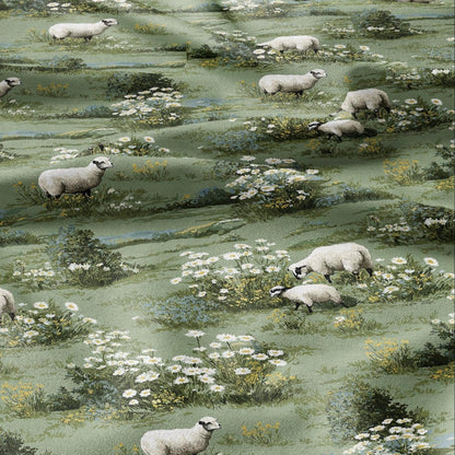100% LINEN Fabric Sheep in fields white - green white meadow fabric print - Pastoral style French  Nursery fabric 2003