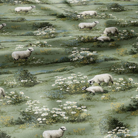 100% LINEN Fabric Sheep in fields white - green white meadow fabric print - Pastoral style French  Nursery fabric 2003