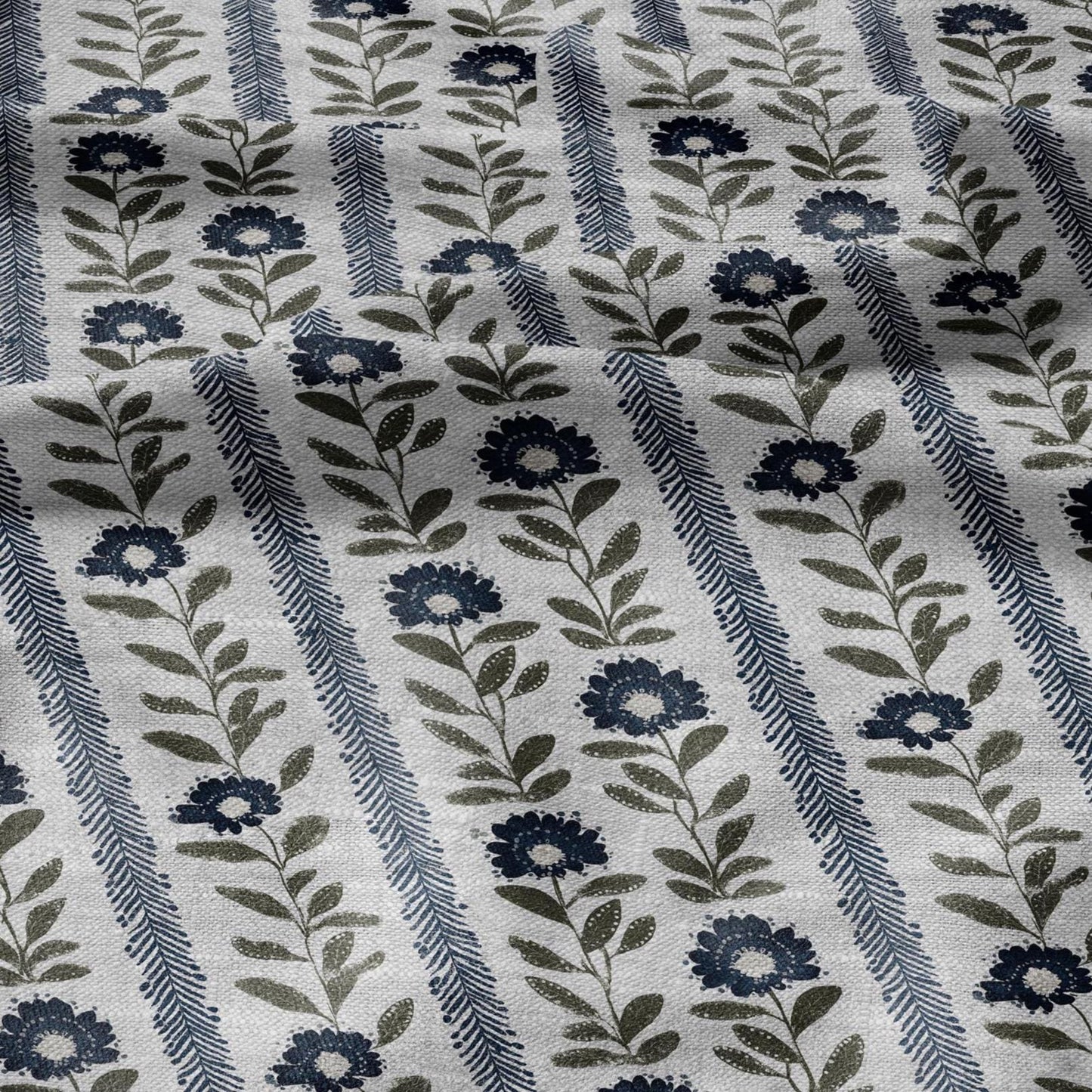 100% LINEN Fabric Floral stripe blue green print - french botanical on oatmeal linen 3126