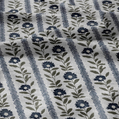 100% LINEN Fabric Floral stripe blue green print - french botanical on oatmeal linen 3126