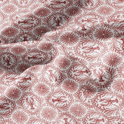 100% LINEN Fabric Red lobster print on white linen - Food print pattern on flax fabric for uphlstery heavy / medium for clothing 2573