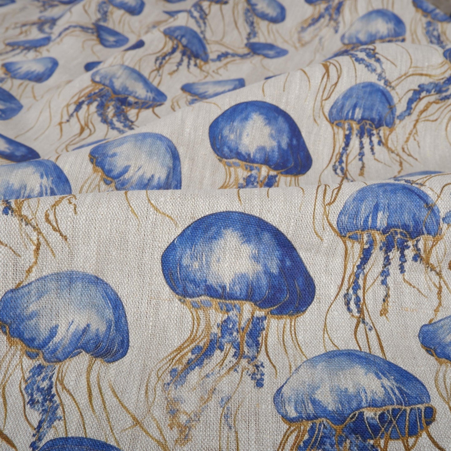 100% LINEN Fabric jellyfish Nautical print - oatmeal linen fabric with blue grey coastal print for upholstery home decor dressmaking