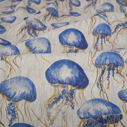 100% LINEN Fabric jellyfish Nautical print - oatmeal linen fabric with blue grey coastal print for upholstery home decor dressmaking