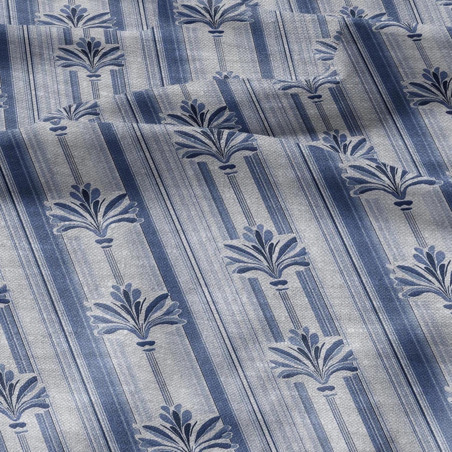 100% LINEN Fabric stripe fleur de lis blue print - botanical floral on oatmeal linen - modern vintage 3129