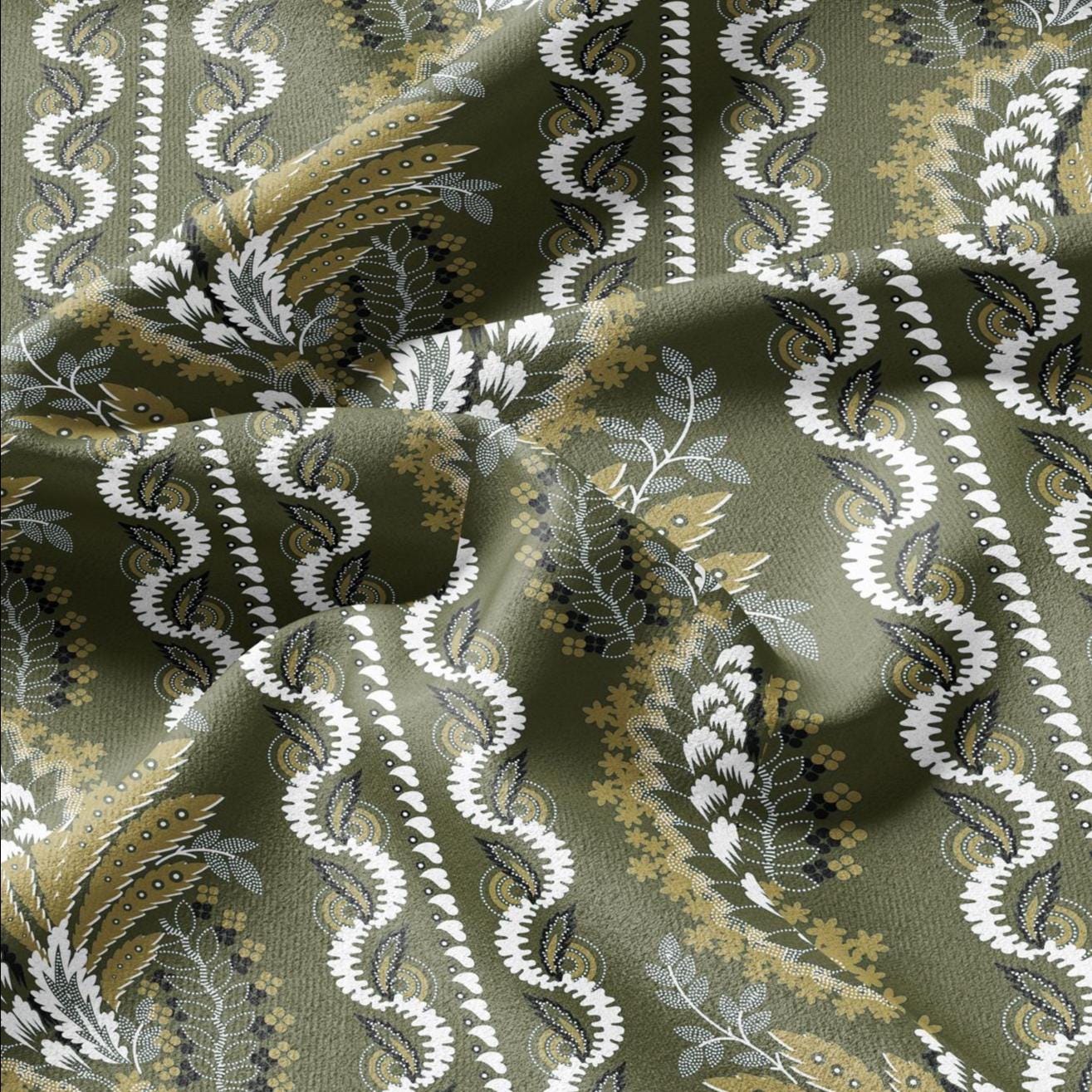 100% LINEN Fabric Vintage floral squilr stripe print - Modern botanical - Victorian Art Craft yellow green 3160