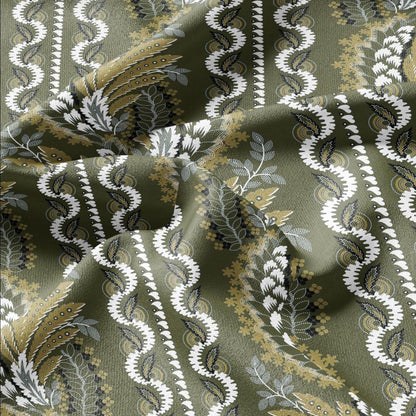 100% LINEN Fabric Vintage floral squilr stripe print - Modern botanical - Victorian Art Craft yellow green 3160