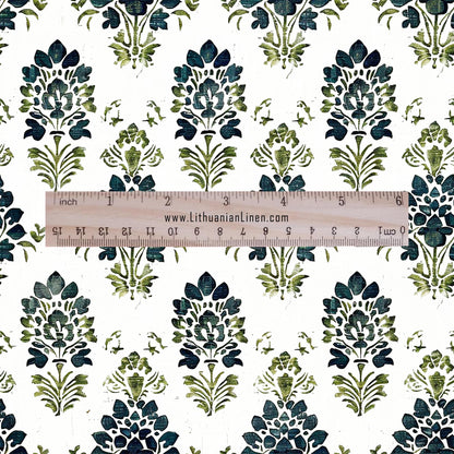 100% LINEN Fabric block print green petrol on white - floral print heavy linen fabric for upholstery home decor 2010