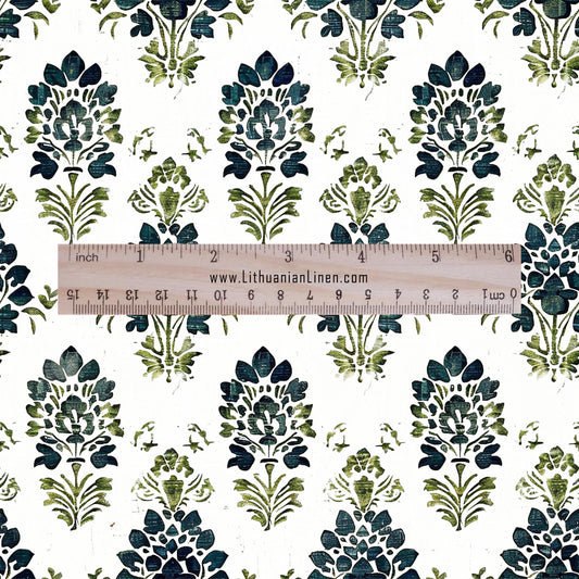100% LINEN Fabric block print green petrol on white - floral print heavy linen fabric for upholstery home decor 2010