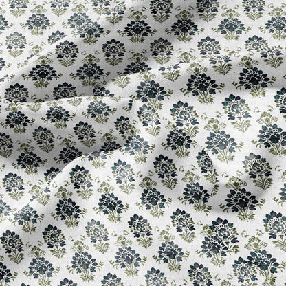 100% LINEN Fabric block print green petrol on white - floral print heavy linen fabric for upholstery home decor 2010