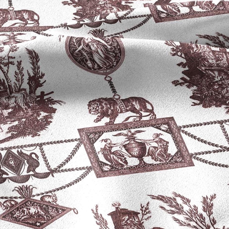 100% LINEN Fabric french red white print - Goddess Diana with Lion - toile de jouy - Diane chasseresse by Jean-Baptiste Huet 3419