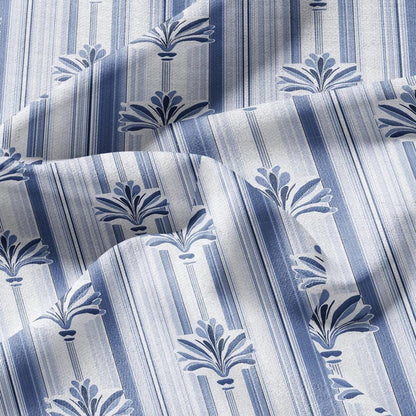 100% LINEN Fabric Stripe Fleur de lis blue print  - floral upholstery home textile artisan fabrics blue white 3129