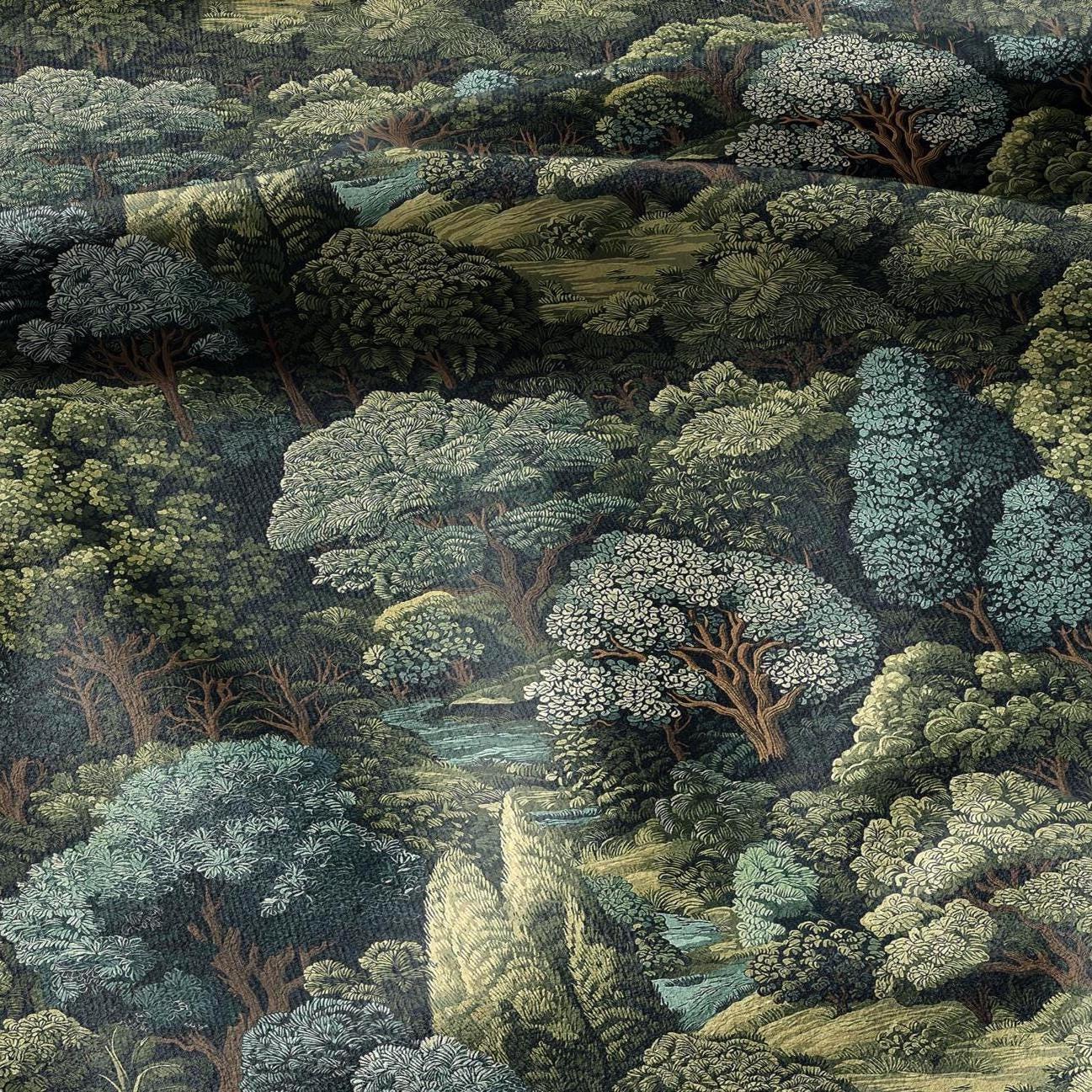 100% linen fabric Verdure tapestry print - Vintage green tree forest botanical  - Historical chinoiserie topiary 3348