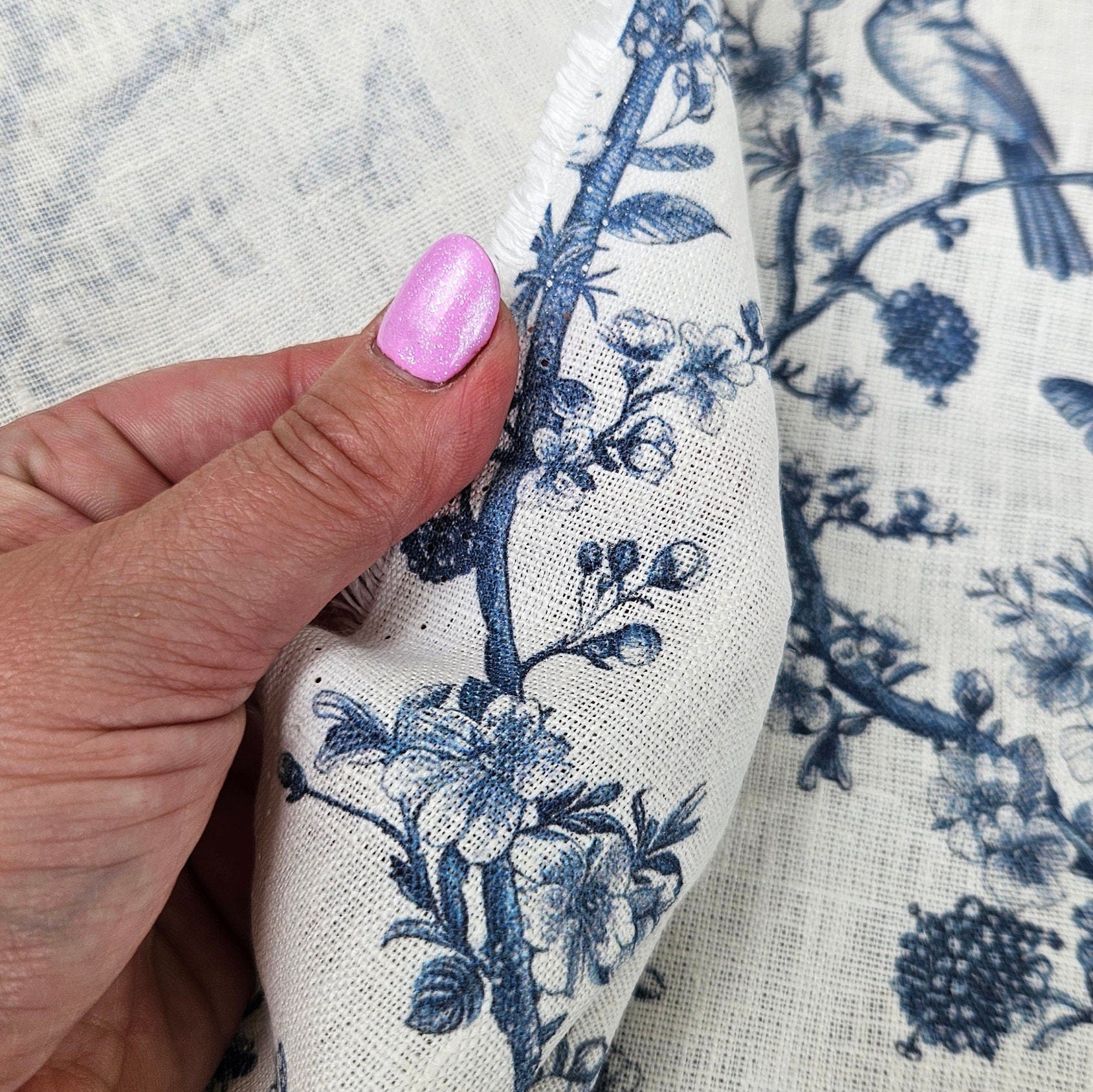 100% LINEN Fabric Toile de Jouy , white botanical fabric with blue indigo print, French linen floral Birds  and butterflies
