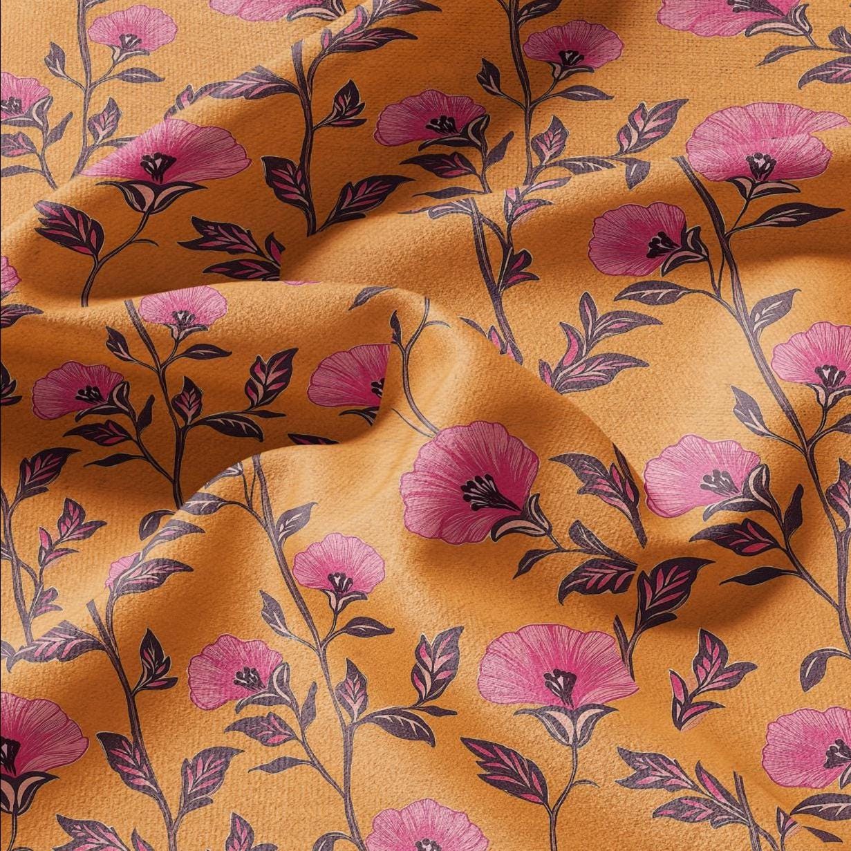 100% LINEN Fabric tropical flower print linen - orange pink floral fabric for upholstery home decor dress making 2195
