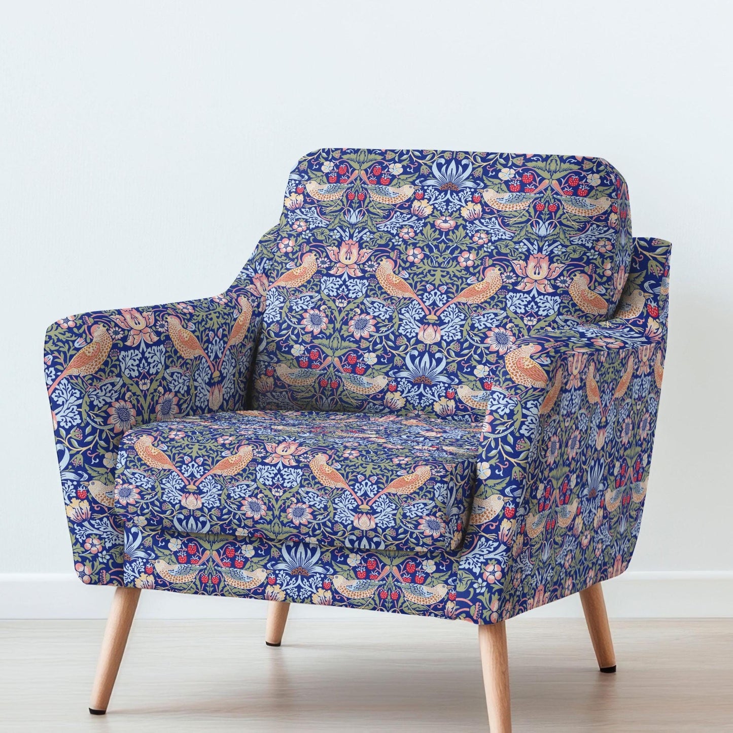 100% LINEN Fabric UPHOLSTERY 12oz - William Morris Strawberry thief print - Victorian Art craft - bird floral blue upholstery heavy 208