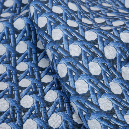 100% LINEN Fabric Blue bamboo trellis - botanical textile artisan fabrics blue white 3687