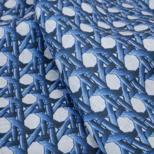 100% LINEN Fabric Blue bamboo trellis - botanical textile artisan fabrics blue white 3687